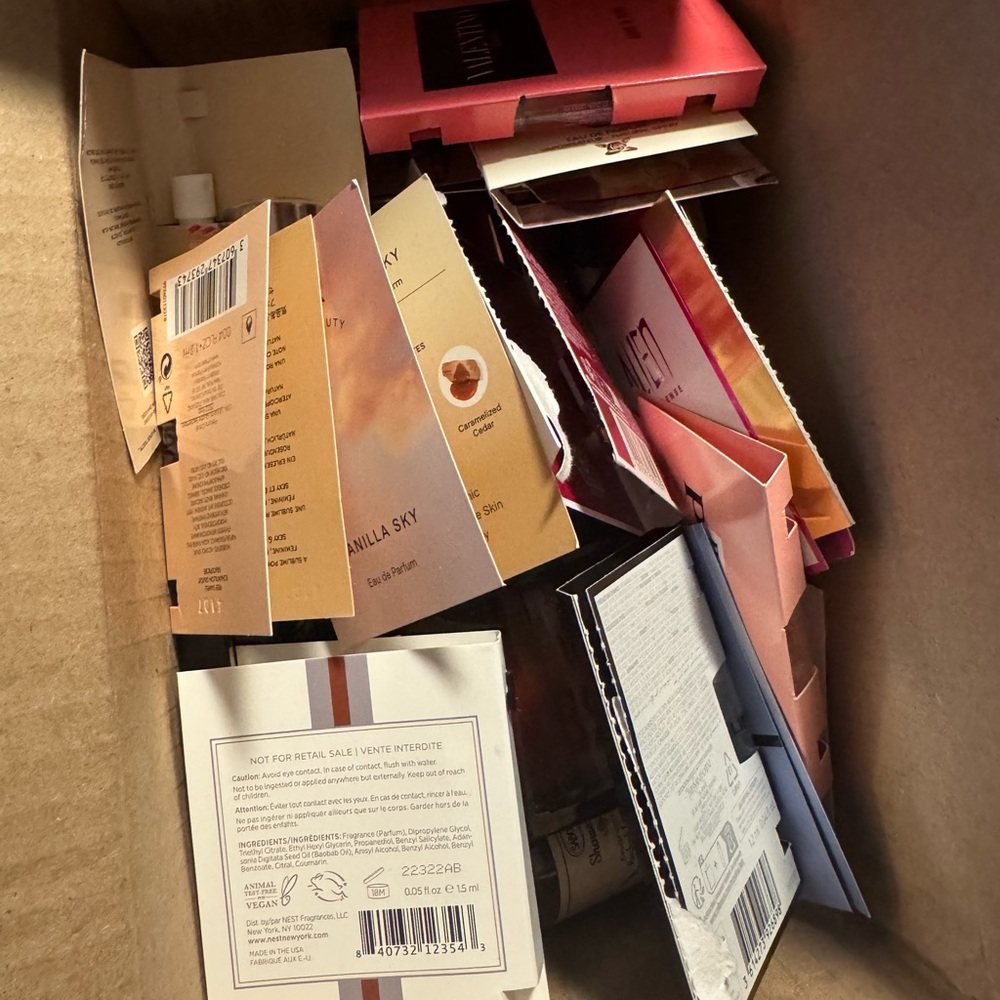 Box of sample beauty products